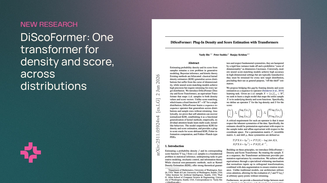 DiScoFormer: One transformer for density and score, across distributions