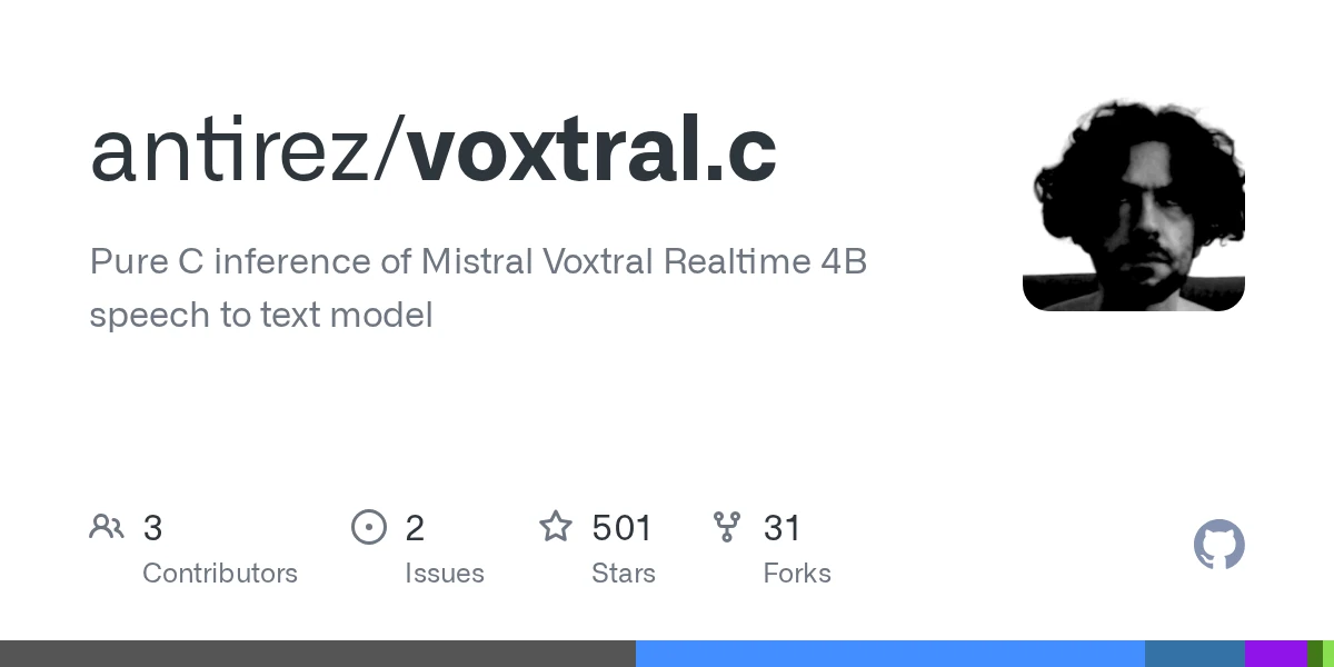 GitHub - antirez/voxtral.c: Pure C inference of Mistral Voxtral Realtime 4B speech to text model