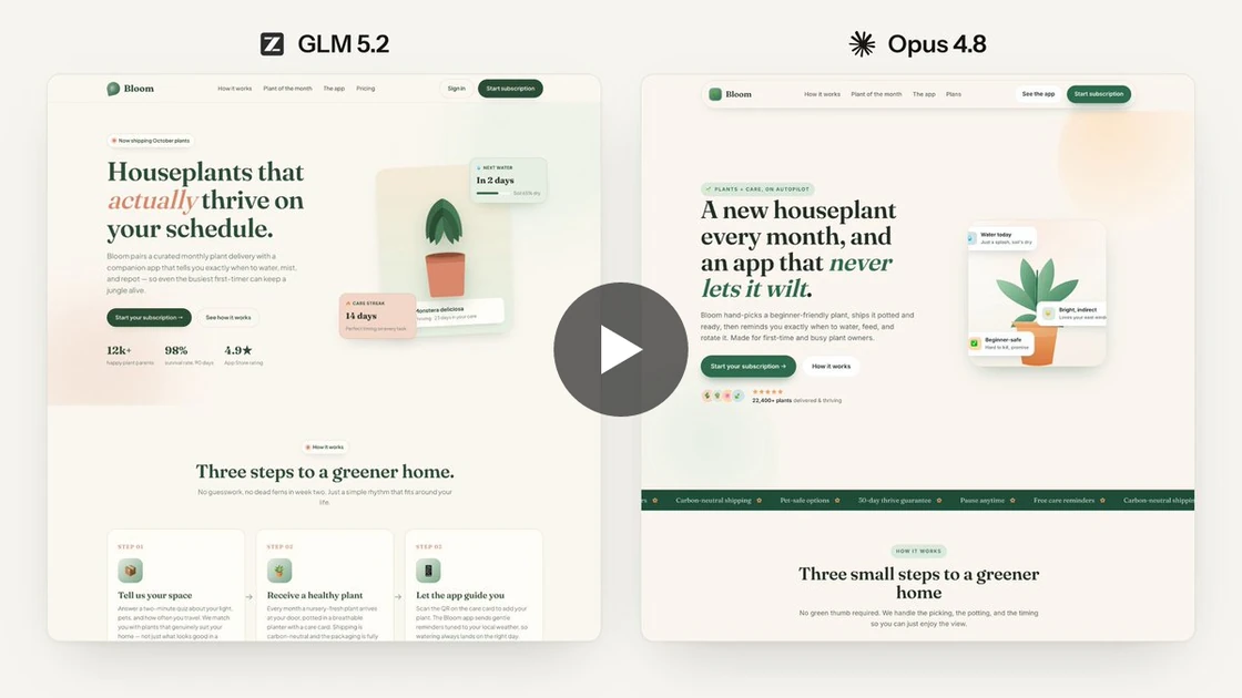 Hassan on X: "This model is insane at design. I asked GLM 5.2 (left) and Opus 4.8 (right) to build me a landing page and you can't even tell the difference. GLM cost $0.06 while opus cost $0.49. More than 6x cheaper while being faster + more token efficient. Another win for open source AI. https://t.co/FJCYROq9Lr" / X