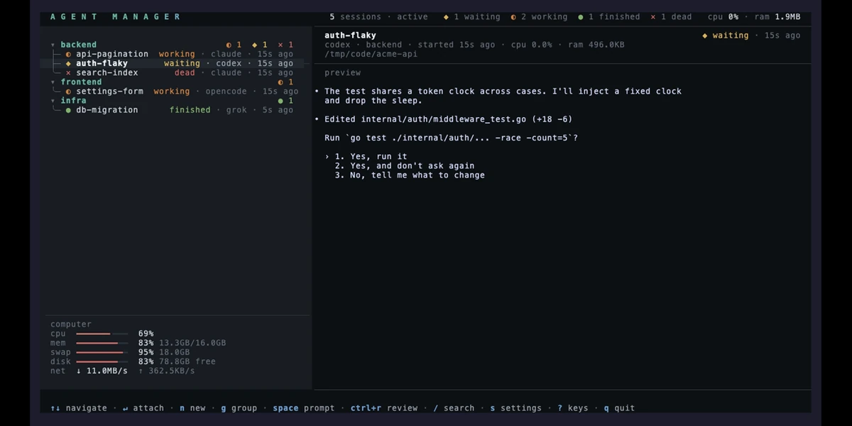 Agent-Manager: A Tmux TUI for Running Claude Code, Codex and OpenCode