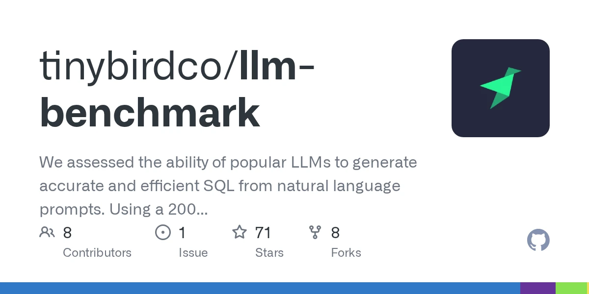 GitHub - tinybirdco/llm-benchmark: We assessed the ability of popular LLMs to generate accurate and efficient SQL from natural language prompts. Using a 200 million record dataset from the GH Archive…