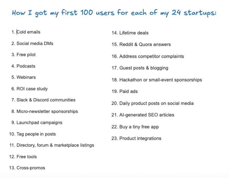 How I got my first 100 users: (for each of my 24 startups) 1. Cold emails: - go for quality, not quantity
send to 20 people; if no reply, change email and resend. repeat until 2 replies.
- share… | J…