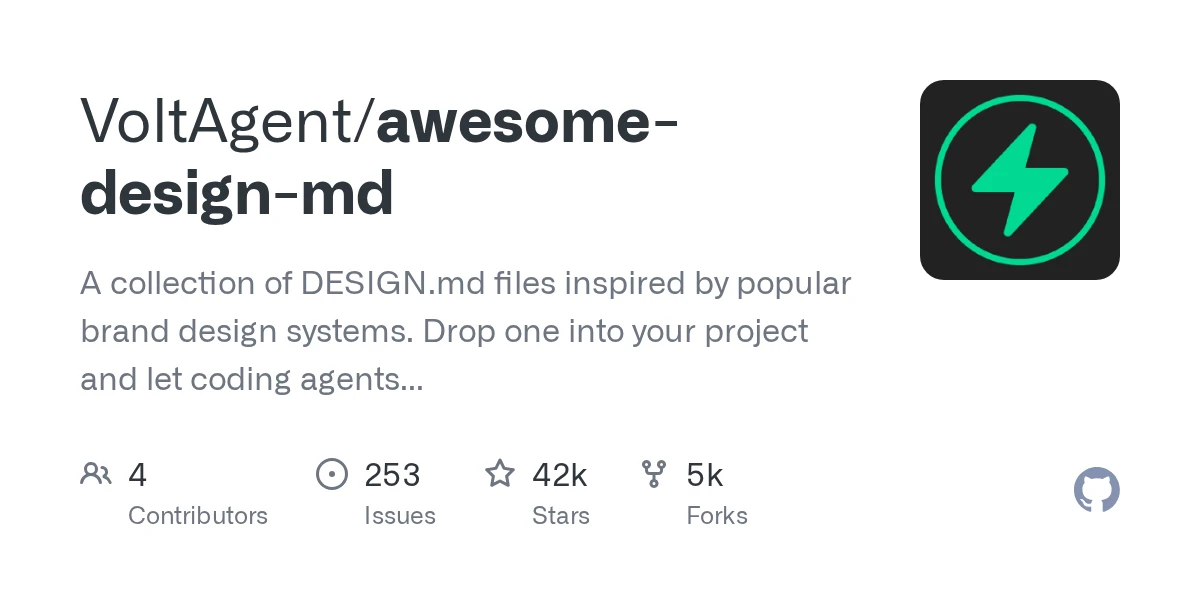GitHub - VoltAgent/awesome-design-md: A collection of DESIGN.md files inspired by popular brand design systems. Drop one into your project and let coding agents generate a matching UI. · GitHub