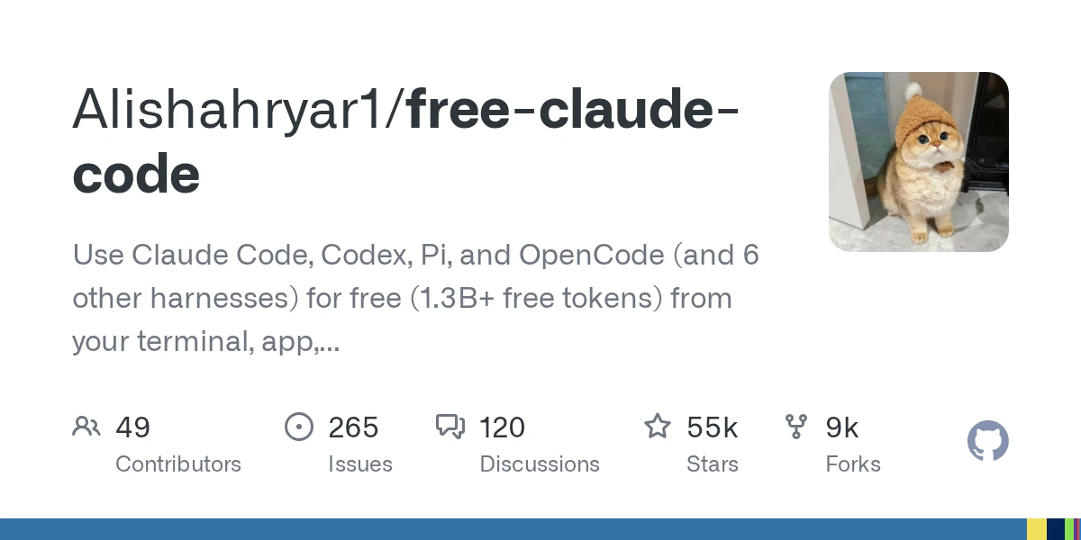 GitHub - Alishahryar1/free-claude-code: Use Claude Code, Codex, Pi, and OpenCode (and 6 other harnesses) for free (1.3B+ free tokens) from your terminal, app, IDE, or phone, and now from the browser …