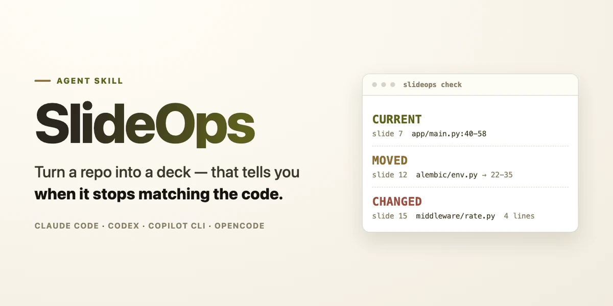 Show HN: SlideOps, slides from a repo that flag when they drift from the code