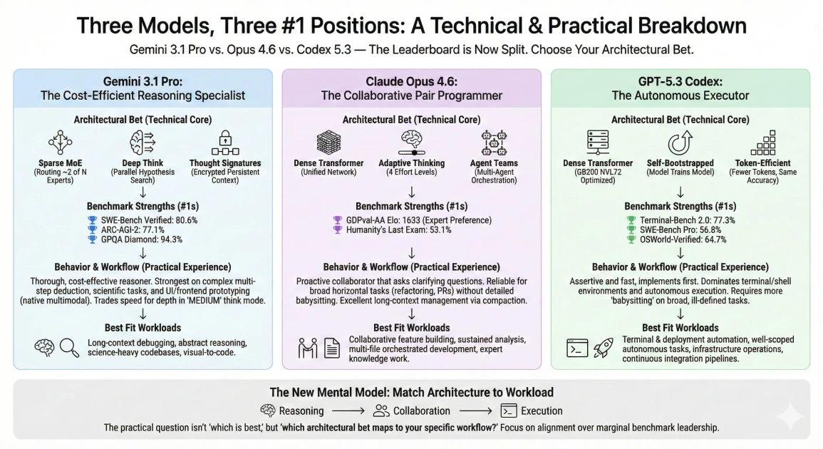 Gemini 3.1 Pro, Opus 4.6, and Codex 5.3: A Technical Breakdown of Three Models, Three #1 Positions | Blog