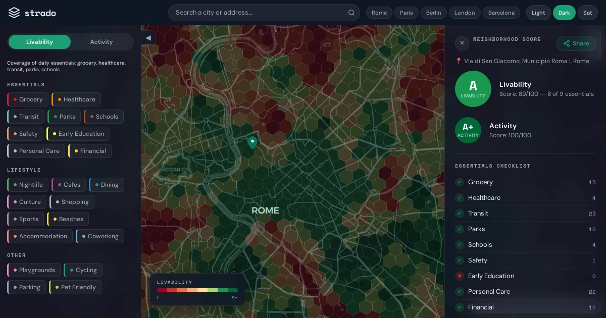 What's within a 10-minute walk in 50 European cities
