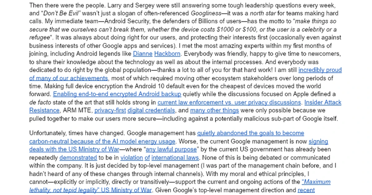 Why I'm Forced to Say Farewell: Google Management Has Lost Its Moral Compass