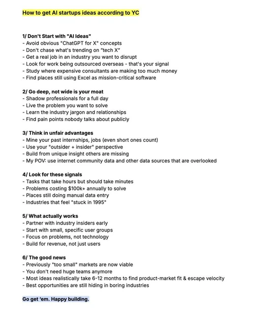 How to get AI startup ideas according to Y Combinator. They will invest $100m+ in AI startups this year: 1/ Don't Start with "AI Ideas"
- Avoid obvious "ChatGPT for X" concept…