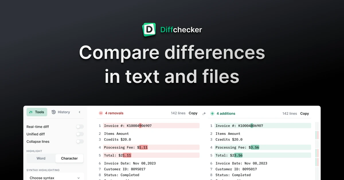Compare text and find differences online or offline - Diffchecker
