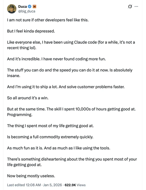 Developer uses Claude Code and has an existential crisis