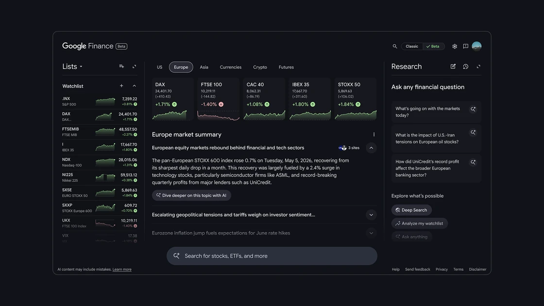 The new AI-powered Google Finance is expanding to Europe.