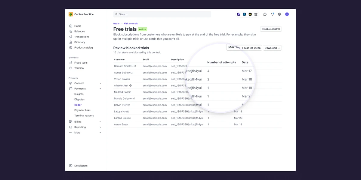 How Stripe Radar helps prevent free trial abuse