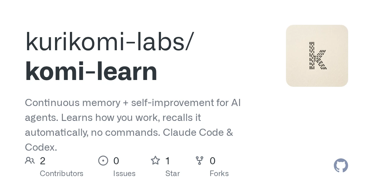 Show HN: Komi-learn – continuous memory and self-improvement for coding agents